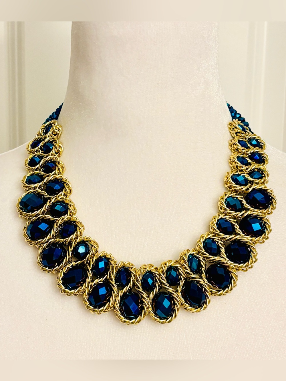 Blue Aurora Borealis Crystal Statement Necklace Earrings Set Gold Tone